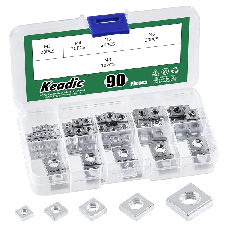 Keadic 90Pcs White Zinc-Plated Square Nuts Assortment Kit, M3x5.5mmx2mm, M4x7mmx2mm, M5x8mmx3mm, M6x10mmx3mm, M8x13mmx4mm Coarse Thread Nut for Furniture, Electrical Appliances - Image 1
